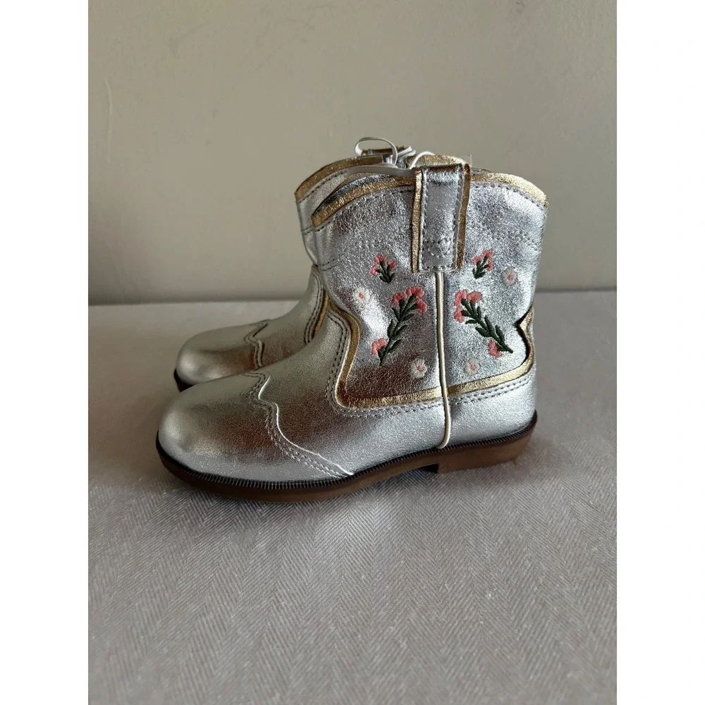 Zara Kids Silver Metallic Embroidered Cowboy Boots Toddler Size 9.5 EU 26 NEW